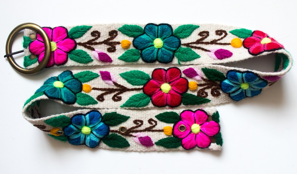 Handmade in the Andes size Medium Embroidered Wool Peruvian Floral Belt 100% Wool with Metal Buckle